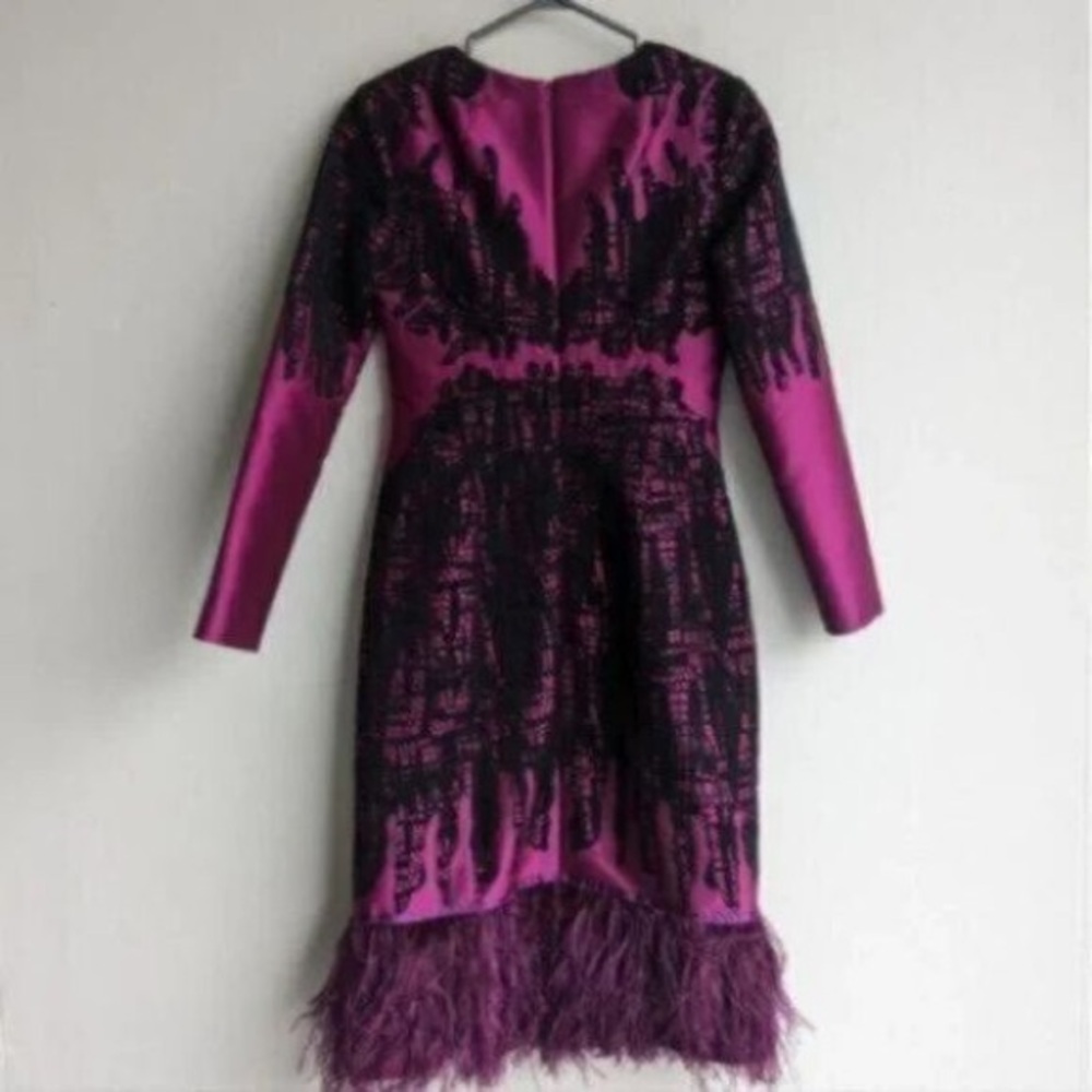 Erdem couture satin lace long sleeve feather trim dress - pink purple black